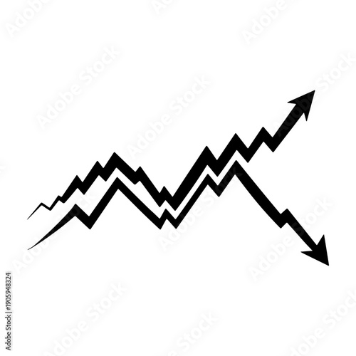 Stock market volatility and price fluctuation concept; vector illustration of two zigzag arrows representing upward bullish trend and downward bearish market movements.