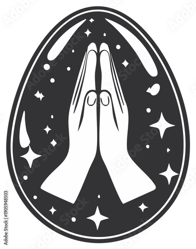 Hands in prayer symbol inside of a celestial egg shape surrounded by stars and cosmic elements in a monochromatic palette