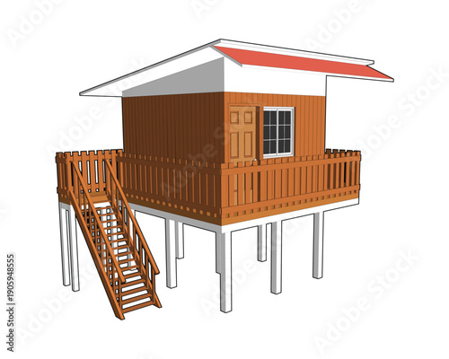 Vector illustration design of a simple small stilt house with stairs beside it, where this house is made of lots of wood with a brown base color with columns standing at the bottom.