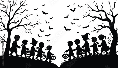 Halloween trick or treat silhouettes illustration, children walking with pumpkin buckets under bats and trees, spooky night scene vector design