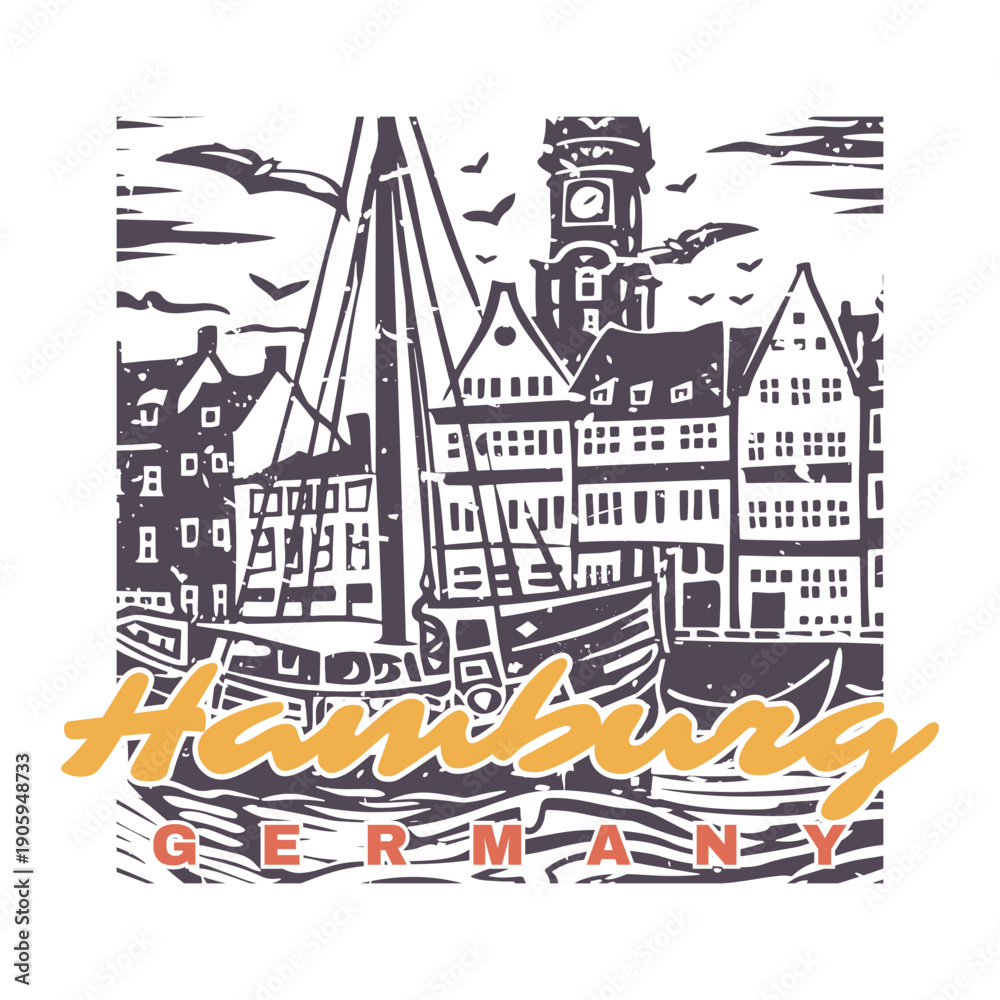 Naklejka premium Illustration of the city of Hamburg in Germany, vintage vector design.