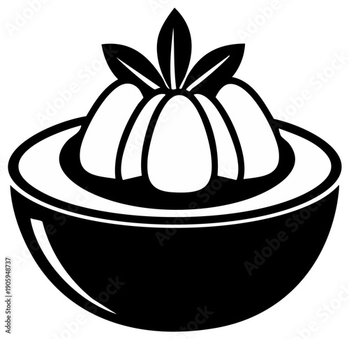 Stylized illustration of a sweet gelatin dessert in a bowl garnished with fresh leaves