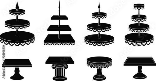 Vector Silhouette Set of Multi Tiered Display Stands and Cake Pedestals Featuring Ornate Decorative Scalloped Edges for Pastry Shop Bakery Buffet and Wedding Catering Presentation