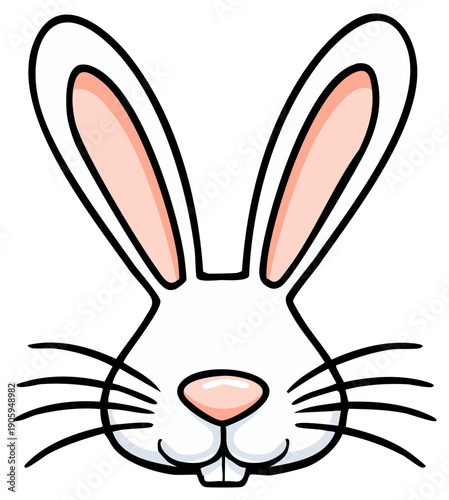 Cute cartoon white rabbit head with long pink ears and prominent buck teeth