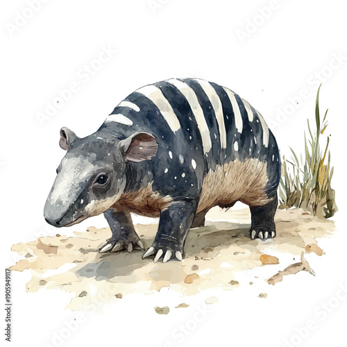 Tapir, elegant watercolor vector painting with refined details, isolated on a white background.