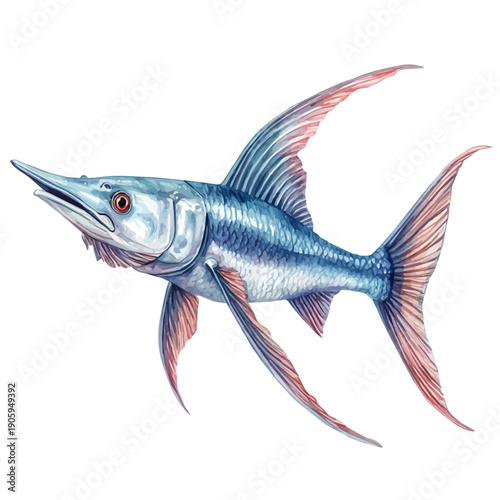 Swordfish, delicate painting watercolor vector with vivid brush accents, isolated on a white background.