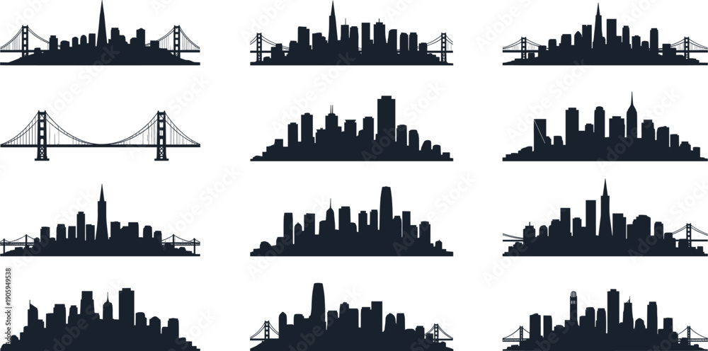Obraz premium Modern City Skyline Silhouette Set with San Francisco Bridge and Skyscraper Icons for Urban Business Logos, Architectural Designs, and Digital Website Landing Pages