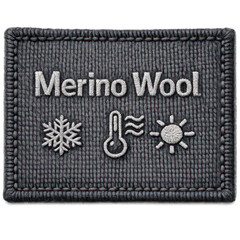 Isolated merino wool textile label with stitched border and thermal icons on transparent background, highlighting warmth, breathability, softness, and premium natural fiber quality.