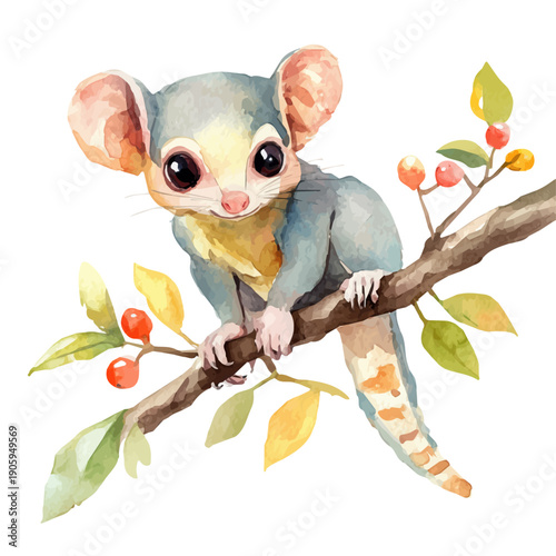 Sugar Glider, graceful vector watercolor painting with soft flowing strokes and subtle highlights, isolated on a white background.