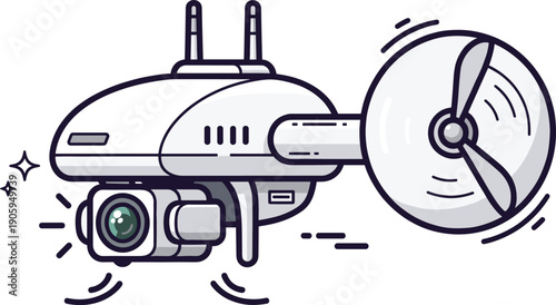 Modern Surveillance Drone with High Definition Camera and Spinning Propeller Vector Illustration for Security Technology and Aerial Monitoring Concepts