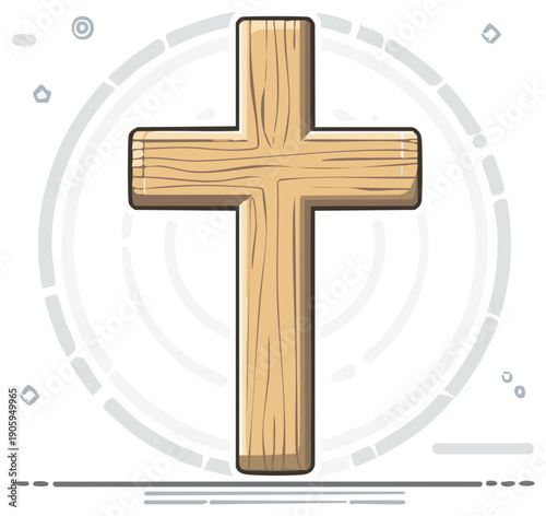 Simple wooden cross, symbolic religious icon with light wood grain texture and halo