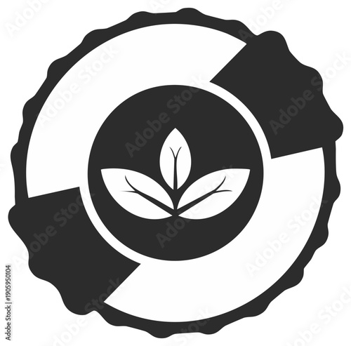 Circular eco friendly badge with plant leaves and recycle arrows icon