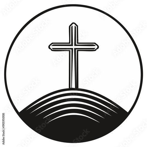 Christian cross silhouette on a hilltop within a circular emblem black and white symbolic representation of faith