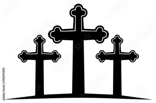 Three Black Crosses Silhouette Against a White Background Religious Symbolism