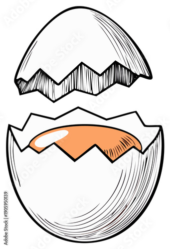 Cracked Egg White Shell with Vibrant Orange Yolk Hand Drawn Vintage Style Illustration