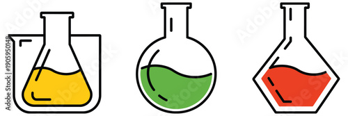 Scientific laboratory flask icons with colourfu liquid in various styles, including geometric and rounded glass, vector illustrations for chemistry research, education, experiments, and digital design