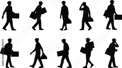 Businessman silhouettes walking with briefcase illustration, professional worker people poses set, black vector figures isolated white background design collection artwork