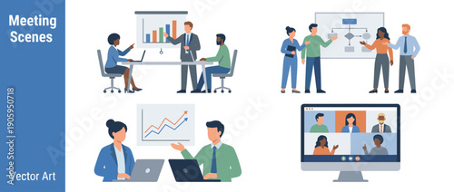 Professional business meeting scenes vector illustration set with diverse office workers collaborating, presenting data analytics, brainstorming flowcharts, and remote video conferencing.