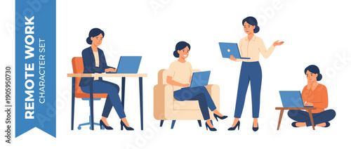 Vector illustration of a remote work character set with professional women working from home in various poses like sitting at a desk, on a sofa, standing, and on the floor with laptops.