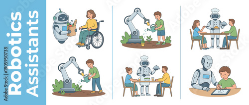 Robotics Assistants Collection Showcasing AI Robots Helping Humans with Daily Tasks Including Grocery Shopping, Gardening, Cooking, and Education in a Modern Flat Vector Illustration Style