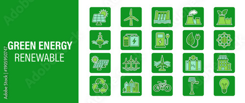 Green energy and renewable resource icon set featuring solar panels, wind turbines, hydroelectric power, recycling, electric vehicles, and sustainable city infrastructure on vibrant green background.