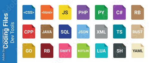 Set of Flat Vector Icons Representing Various Coding File Formats and Programming Languages Including HTML, CSS, JS, PHP, Python, Java, SQL, JSON, XML, Swift, Kotlin, and Go for Web Development