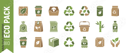 Eco-Friendly Packaging Icon Set Featuring Sustainable and Biodegradable Symbols for Organic Products, Recycling Logos, Green Bio Containers, Bamboo, and Environmentally Friendly Material Labels.