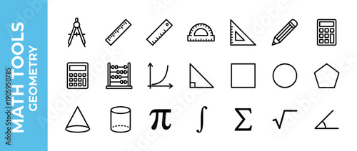 Comprehensive Vector Set of Math Tools and Geometry Line Icons Featuring Ruler, Compass, Protractor, Calculator, Abacus, Geometric Shapes, and Mathematical Symbols for Education and Science.