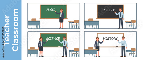 Set of flat vector illustrations featuring male and female teachers in classrooms teaching English, math, science, and history on chalkboards and whiteboards for school education concepts.