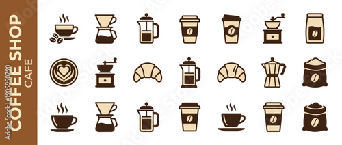 Minimalist Coffee Shop and Cafe Icon Set featuring Coffee Cups, Beans, French Press, Grinder, Croissant, Moka Pot, and Takeaway Cups in Brown and Cream Flat Design for Branding and Menu Graphics.