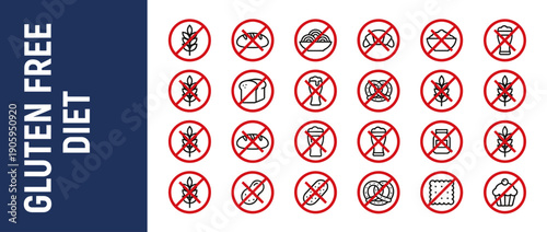 Gluten Free Diet Banner Featuring a Comprehensive Set of Prohibited Food Icons. Vector Illustration of Wheat, Bread, Pasta, Beer, and Pastries with Red Prohibition Signs for Celiac Disease.