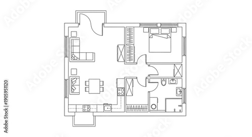 Detailed House Floor Plan with One Bedroom, Living Room, and Dining Area on Isolated White Background