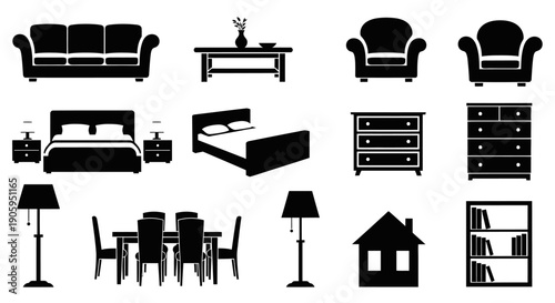 Extensive Set of Household Furniture Icons for Various Rooms with House Symbol on Isolated White Background