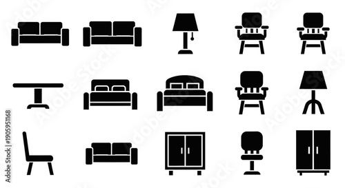 Diverse Collection of Black Home Furniture Icons Including Sofas, Beds, and Tables on Isolated White Background