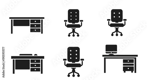 Set of Black Office Furniture Icons Including Desks and Chairs on Isolated White Background