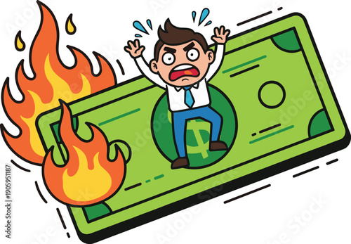 Stressed Businessman Character Panicking on a Burning Dollar Bill Representing Financial Crisis, Inflation, Bankruptcy, Money Loss, and Economic Failure Flat Vector Illustration