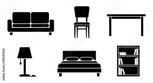 Essential black silhouette furniture icons set including sofa, chair, table, bed, bookshelf, and floor lamp on isolated white background.