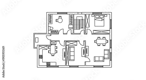 Outline Floor Plan of a Multi-Room Residential House with Stairs and Basic Layout on Isolated White Background