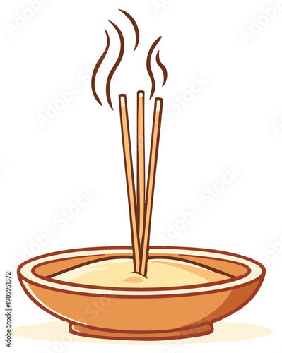Burning incense sticks in a bowl emitting wisps of smoke with a flame like top