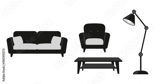 Solid Black Living Room Furniture Icons with Sofa, Armchairs, Coffee Table, and Floor Lamp on Isolated White Background