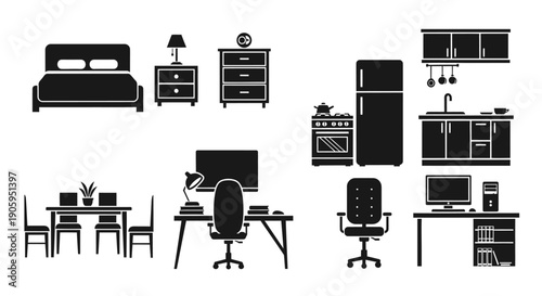Extensive Set of Solid Black Furniture and Appliance Icons for Home Interior on Isolated White Background