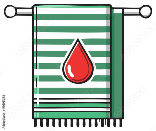 Striped Bath Towel with Red Drop Hanging on Rack Drying Cleaning Soft Illustration