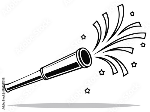 Celebration popper exploding with confetti and stars in a festive burst