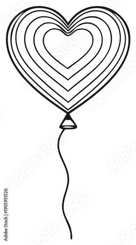 Outlined Heart Shaped Balloon Floating with String Simple Line Art Graphic Design Element