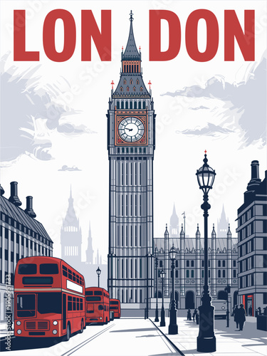 Retro-style travel poster featuring a black line drawing of Parliament Square and Big Ben, with red “LON DON” text, double-decker buses, street lamps, and pedestrians, in mid-century architectural sty
