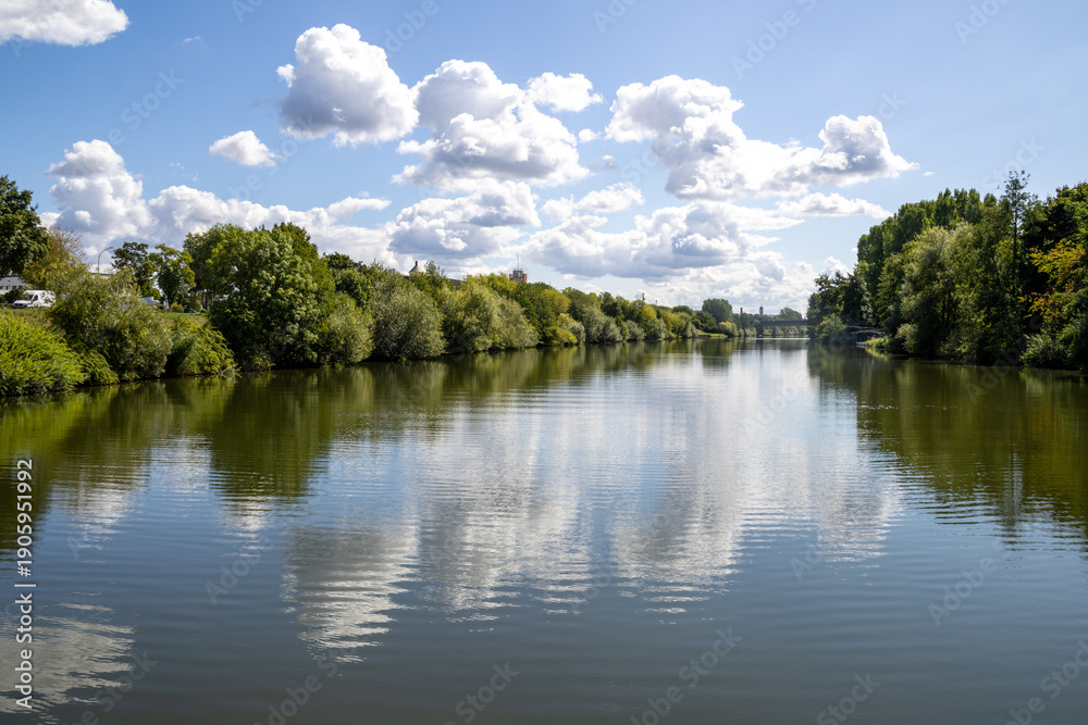 Fototapeta premium Boat tour on the river near Erba Island (Erbainsel) in Bamberg, Bavaria, Germany, scenic waterway surrounded by nature, green riverside landscape and relaxing European travel destination.