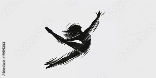 Black silhouette illustration of a graceful woman dancer jumping like an angel with wings