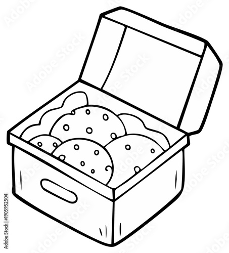 Open line drawing box filled with cookies, food illustration