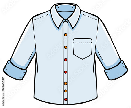 Casual light blue long-sleeve button-up shirt illustration with rolled cuffs and chest pocket.