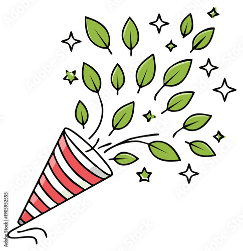 Cartoon party popper with green leaves and stars, celebration concept